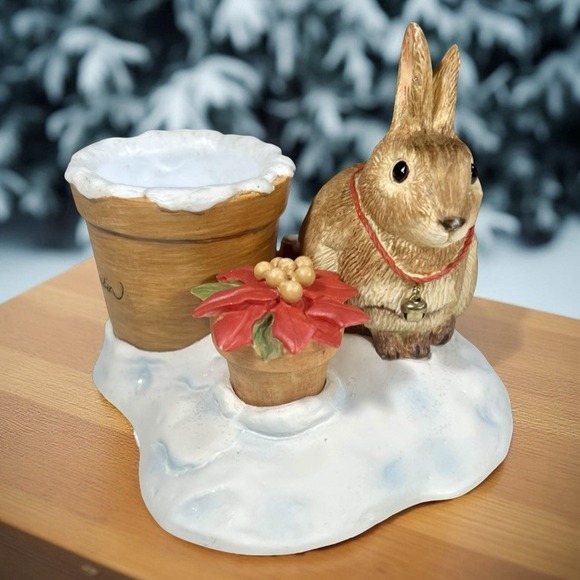 Vintage Marjolein Bastin Christmas Bunny and Poinsettia Candle Holder Hallmark - Picture 1 of 14